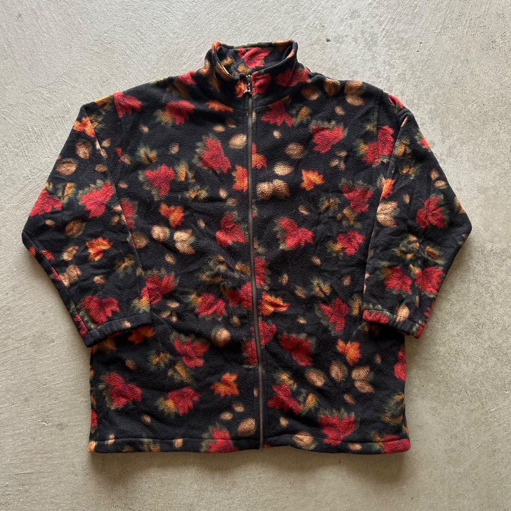 Vintage White Stag Fleece Jacket Womens Medium Black Autumn Fall Leaves Full Zip